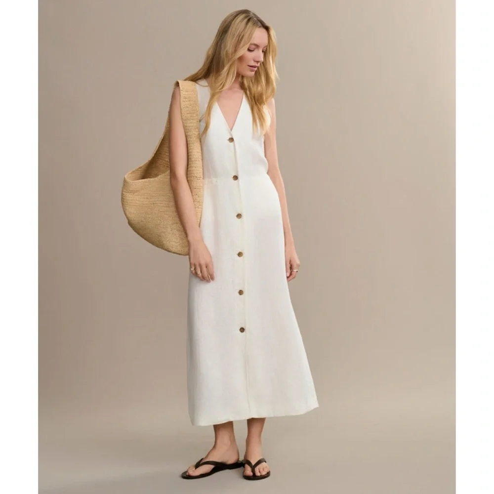 Jenni Kayne Callan Dress (Sz XS) Sleeveless Button-Up Linen Midi Ivory - Picture 1 of 13